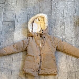 Girls Old Navy Tan Hooded Parka with Faux Fur Trim - water resistant.